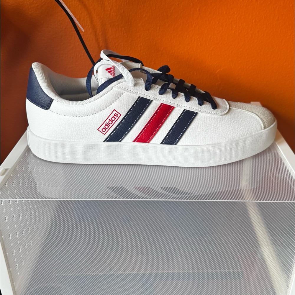 adidas White Sneakers with Navy & Red Three-Stripes
